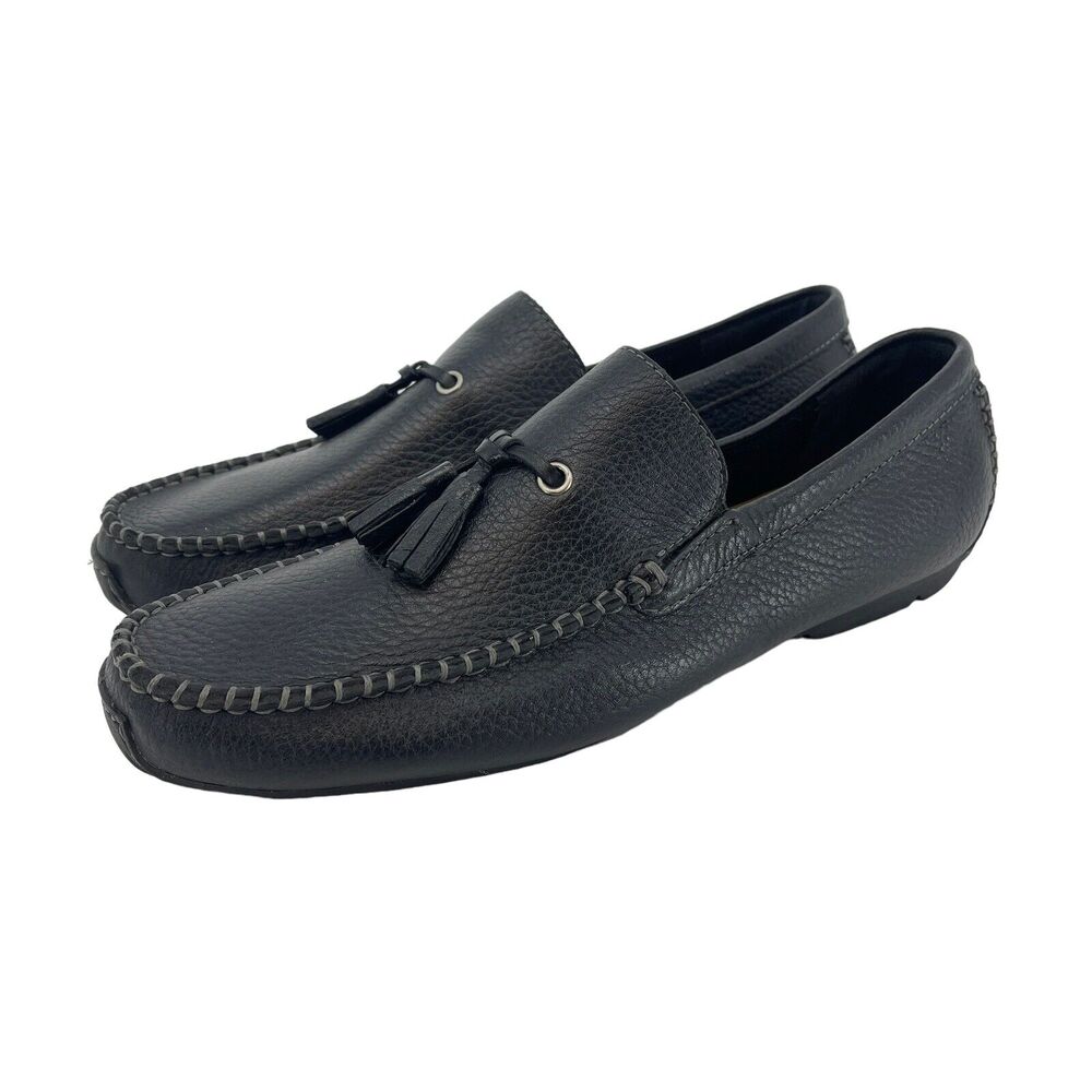HS Trask Men's 11.5 Black Pebbled Leather Tasseled Driving Loafers Slip On Shoes